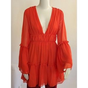 Miss Ord Orange Red Chiffon Mini Dress With Long Flared Sleeves SzS New With...